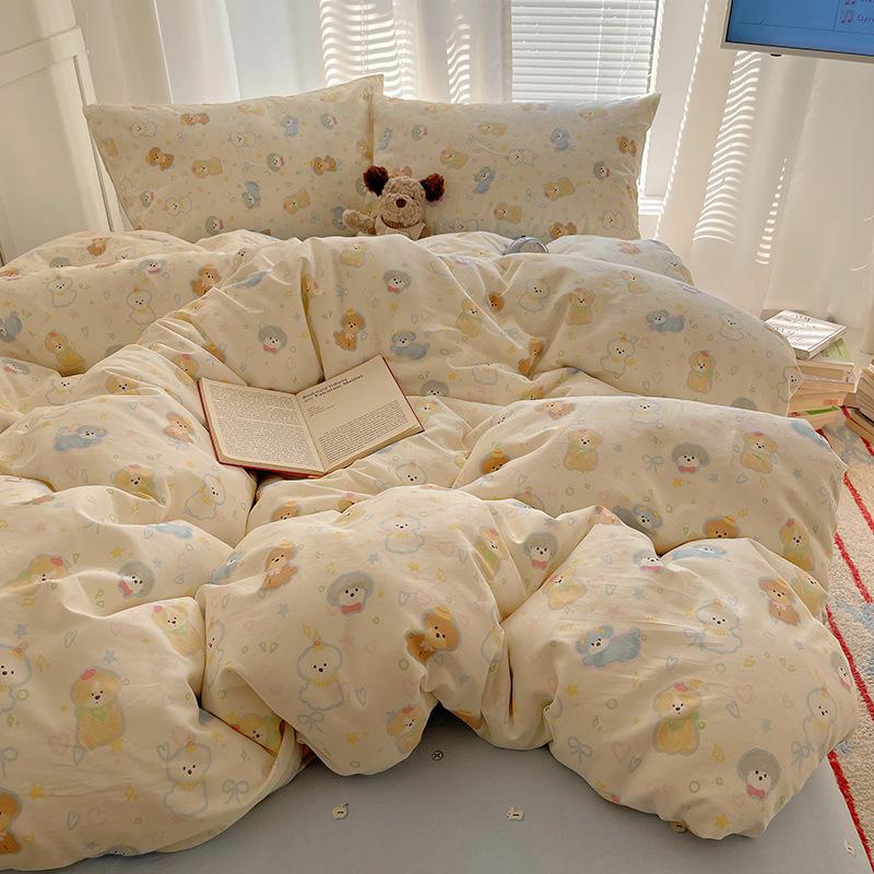 100% Pure Cotton Bed Four-piece Set Skin-friendly Water Wash Bed Sheet Quilt Cover Pillowcase Set