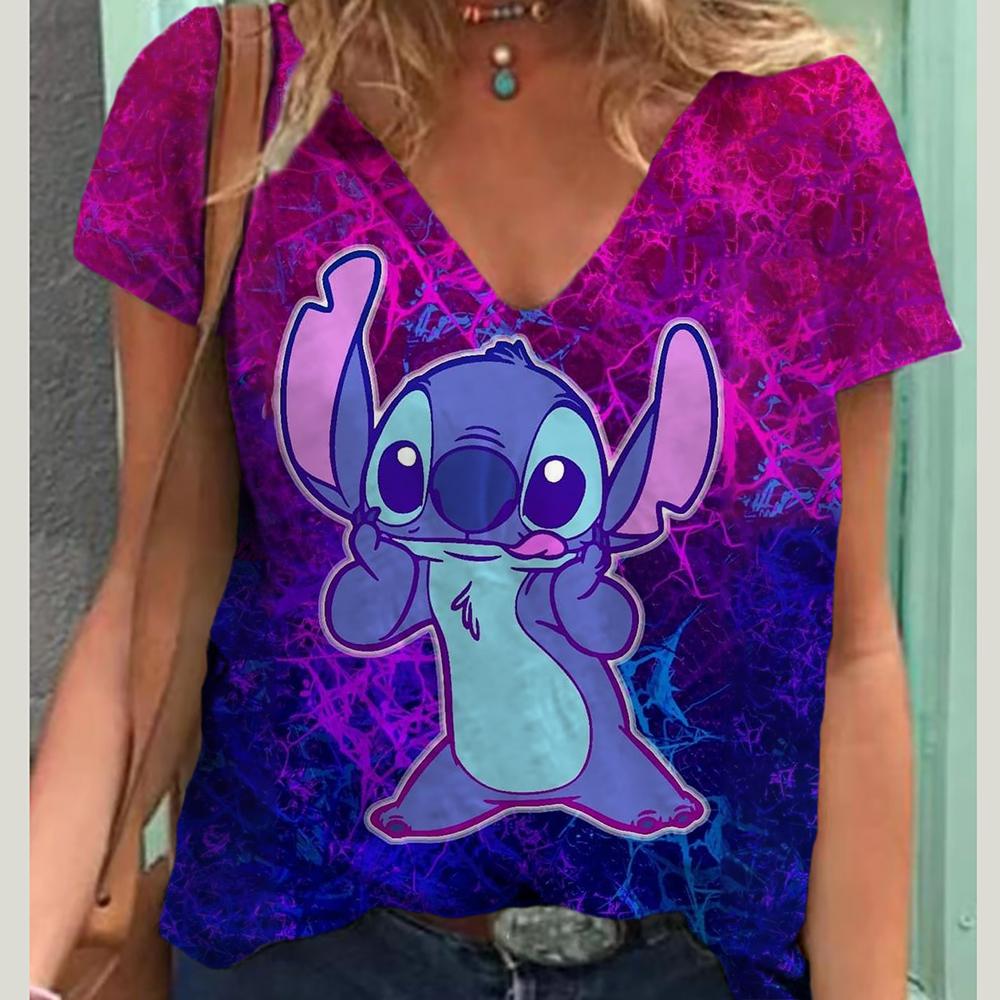 

Літня нова модна жіноча футболка Lilo&Stitch повсякденна коротка футболка Harajuku 3D друкована модна футболка V-подібним вирізом вулична вільна футболка великого розміру L