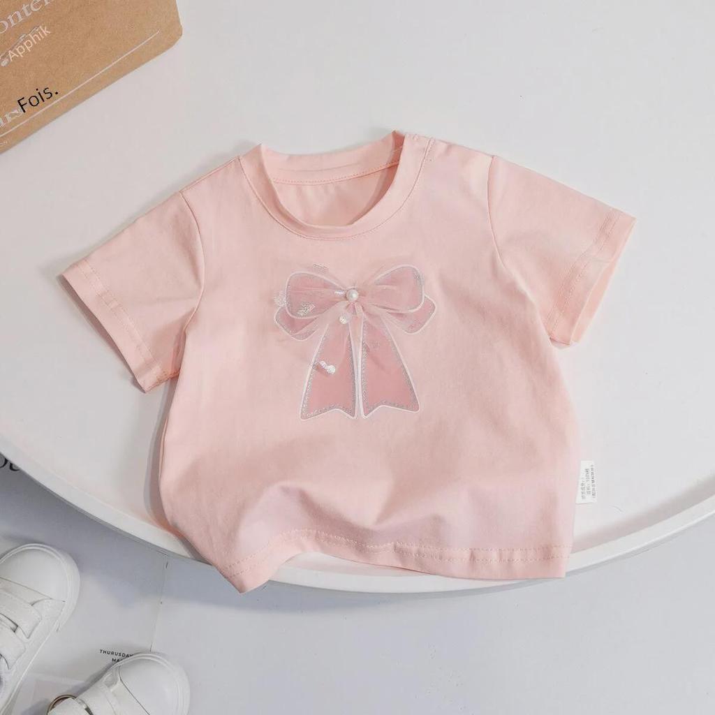 Girls' Korean-Style Short-Sleeve Princess Tops with 3D Bowknot