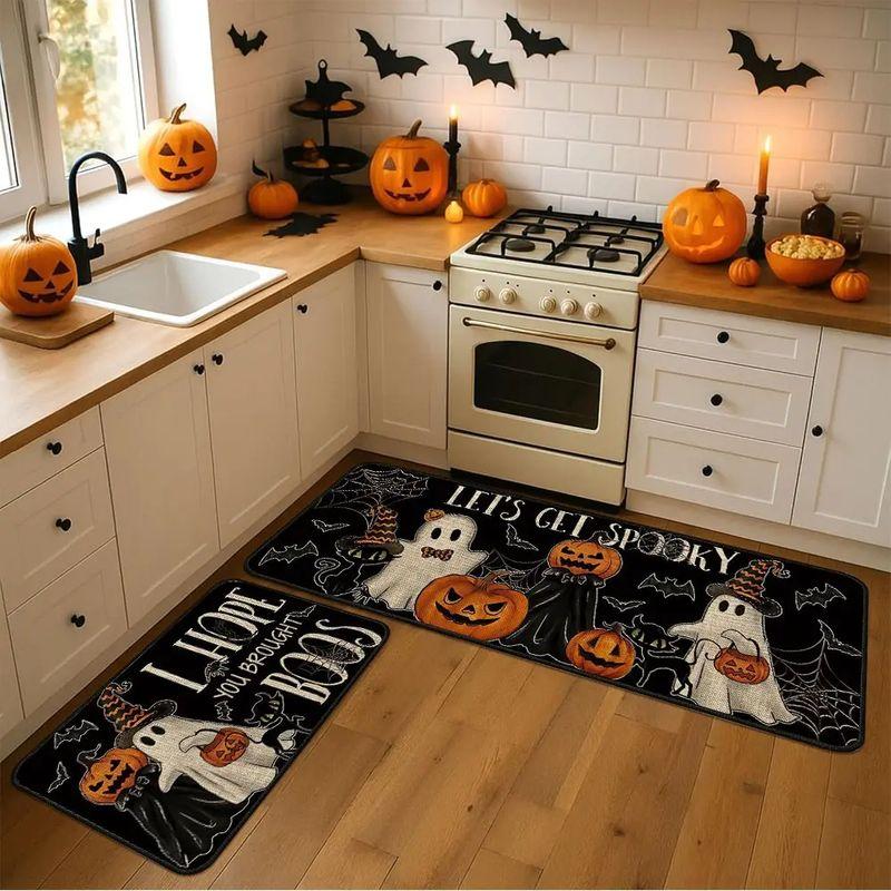Halloween Kitchen Mat Set Black Gold Stripe Pumpkin Boo Runner Mat Entryway Holiday Home Decor Aesthetic Art Cute