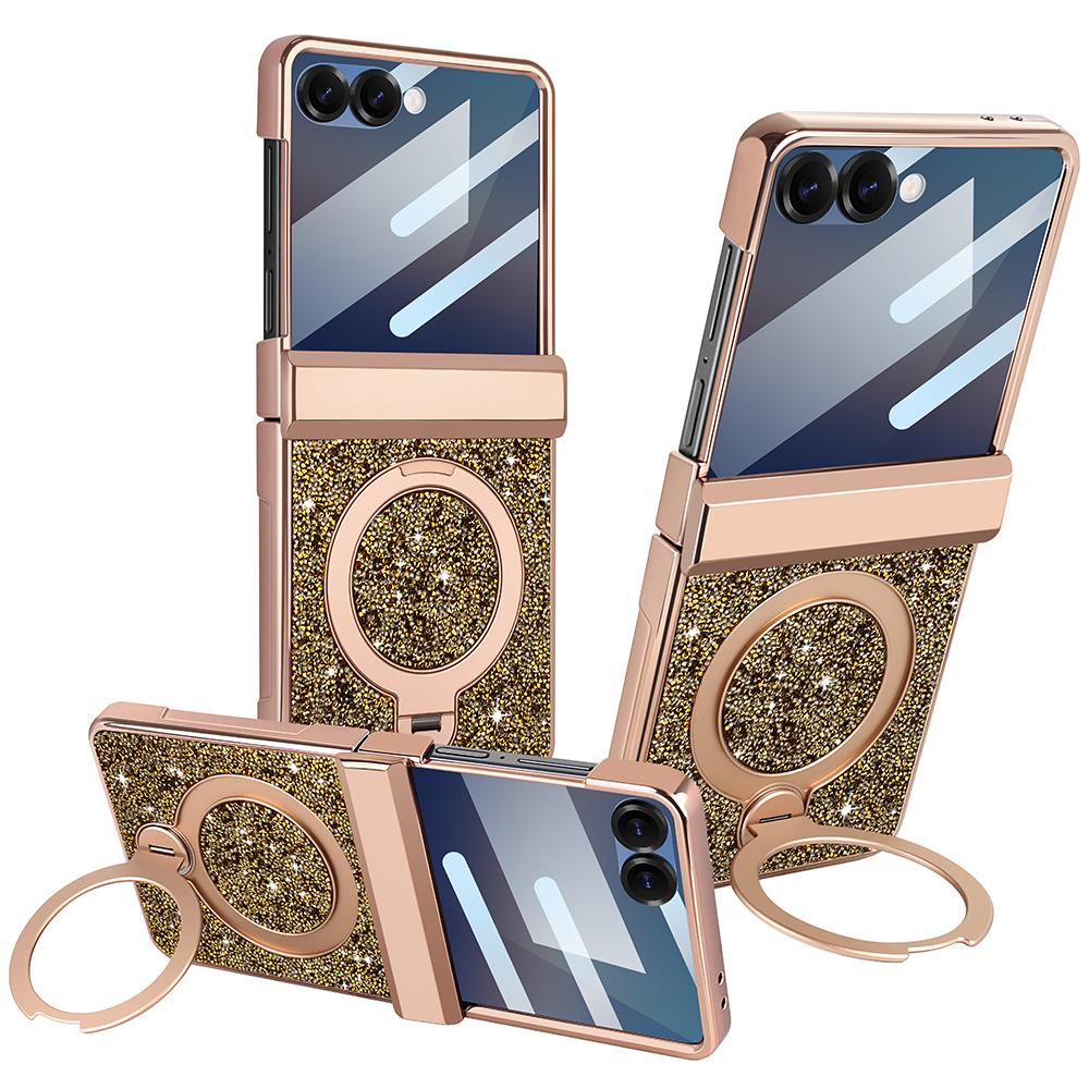 

Glitter Faux Leather for Samsung Z Flip 7/6 Phone Case with Magnetic Rotatable Kickstand, Anti-peep Film Protective Hinge Cover Galaxy Z Flip7 золотой