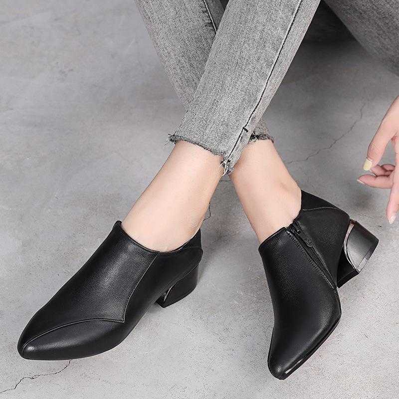Genuine Leather Women's Shoes 2025 Autumn New Thick Heels Women's Pumps Shoes Pointed Cowhide Women's Single Shoes Size 32-43