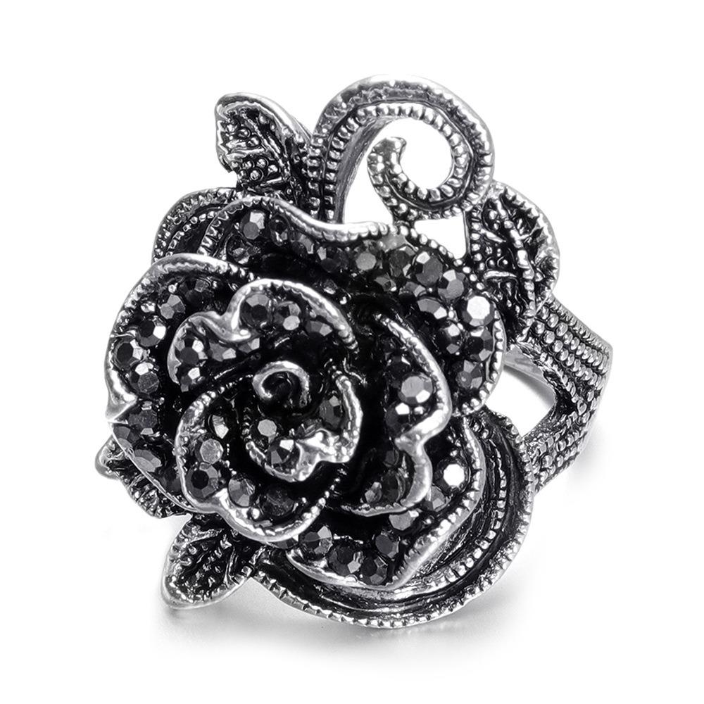 

Gothic Vintage Black Rhinestone Blossoming Roses Flower Rings for Women Charm Temperament Party Finger Zircon Accessories Gifts 10