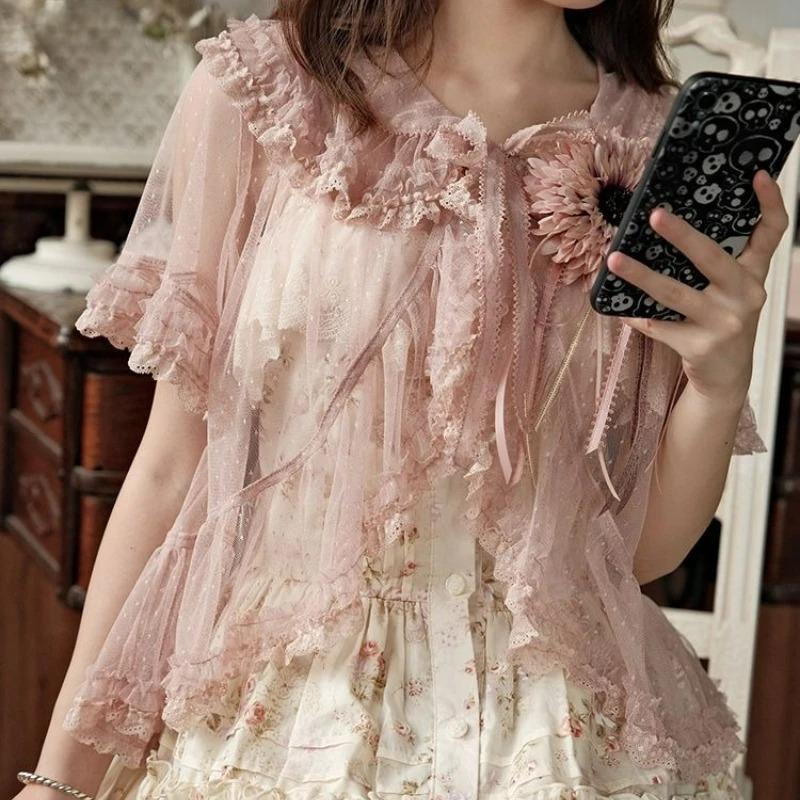 Sommer Japanisch Elegant Vintage Lolita Bluse Damen Gothic Retro Rüschen Hasenohr Kurzes Hemd Kawaii Süß Chiffon Dünne Oberteile