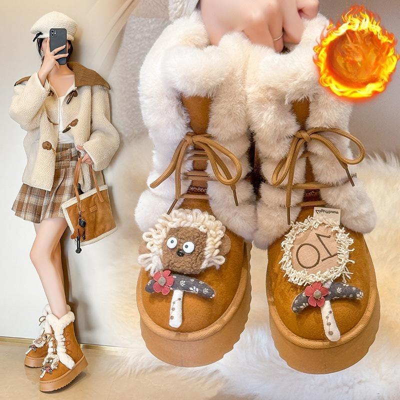 Women's Large Size Lace-up Soft Sole Winter Warm Fur Snow Boots Padded Lined Ankle Boots Anti-slip Hiking Sports Cotton Boots