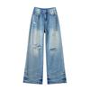 Vintage Style Ripped Jeans Spring Updated Style Straight Relaxed Fit Light Color High-Waist Slimming Design Wide-leg Floor Trousers