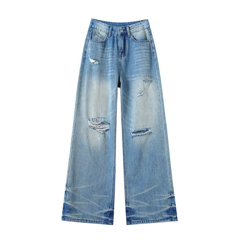Vintage Style Ripped Jeans Spring Updated Style Straight Relaxed Fit Light Color High-Waist Slimming Design Wide-leg Floor Trousers