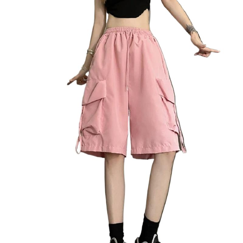 

Женские шорты-карго с высокой талией в американском стиле, уличная одежда, летние широкие брюки, модные женские свободные шорты с большим карманом XXXL розовый