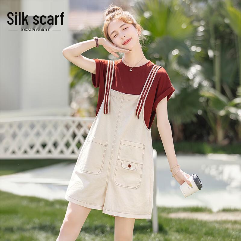 

Sibaishe Women s Summer Round Neck T-shirt & Strap Shorts Set L