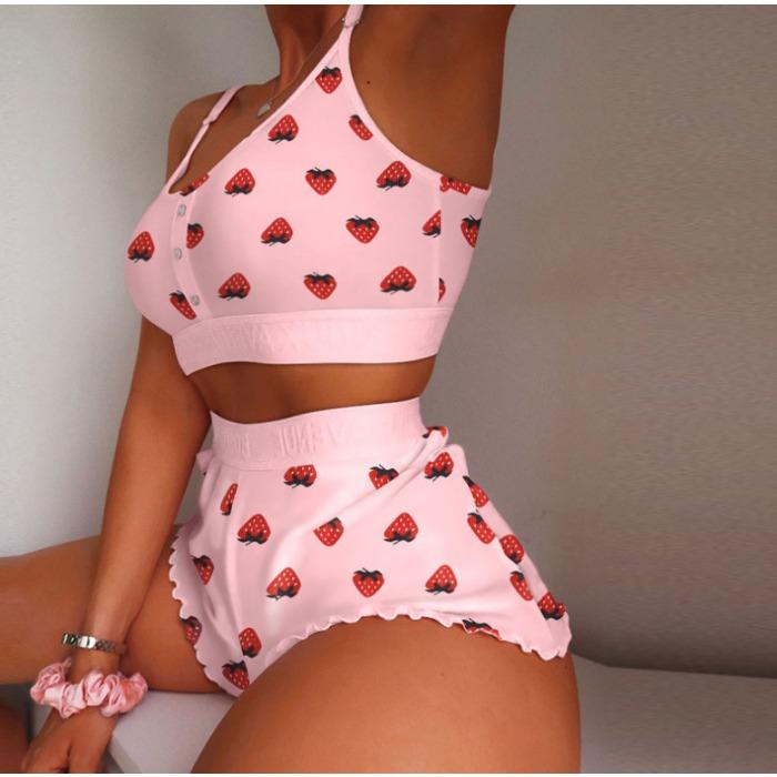 GMXIA Fashionable Strawberry Printed Halter Two-piece Home Wear and Sweet Pajamas