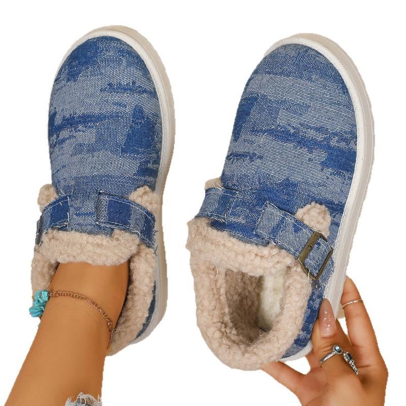 New plush and thickened wool cotton shoes for women's autumn and winter new warm one-pedal platform cotton shoes