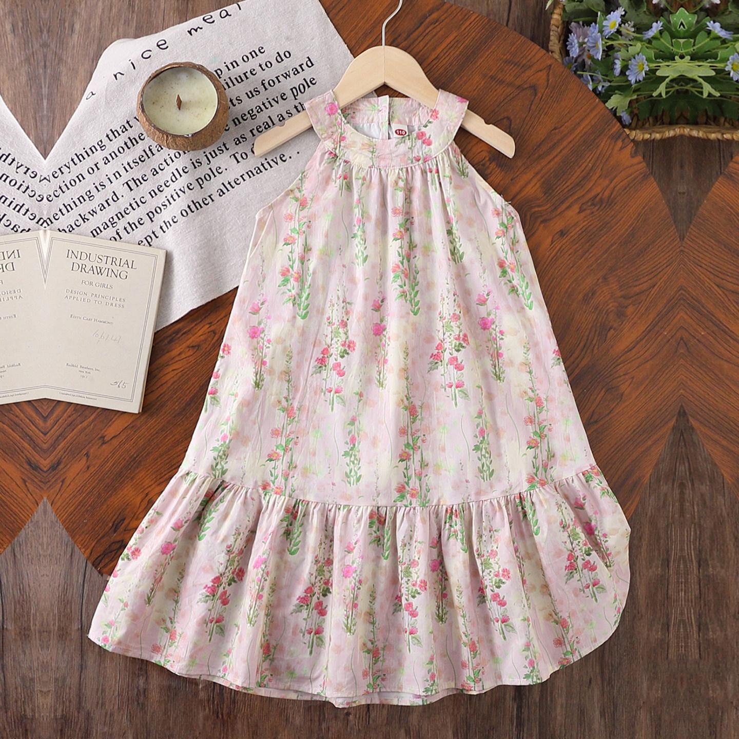 Girls Summer Cotton Floral Tank Dress Cute Beach Sundress for Kids 100cm розовый
