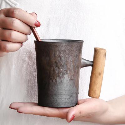 Japanisches Vintage Tee Tassenset Keramik Kaffeetasse Rostglasur Milch Café Tasse mit Holzgriff Wasserbecher Teetasse Heim Büro Trinkgeschirr