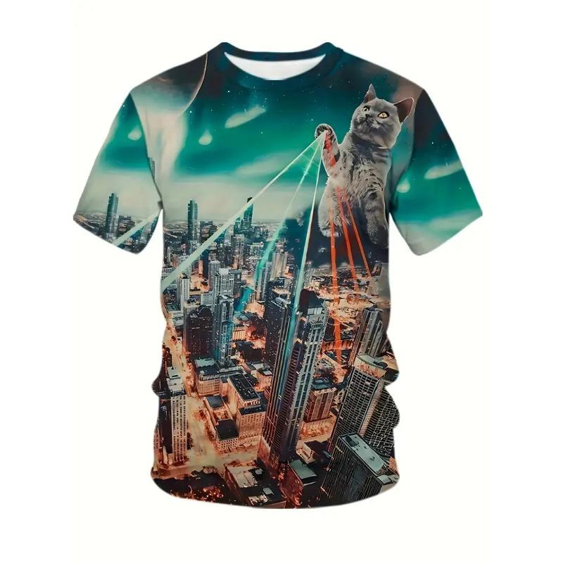 Novelty Beach Cat Beer Pattern Print T-shirt 3D Men Women Trend Personality Tops Oversized Short sleeve Crew Neck Streetwear Tee