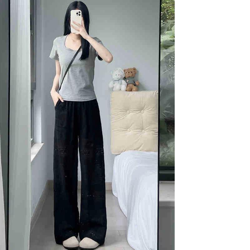 Women s Wide-leg Pants Summer Fashionable Breathable Design Lace Casual Straight Pants 2XL чёрный