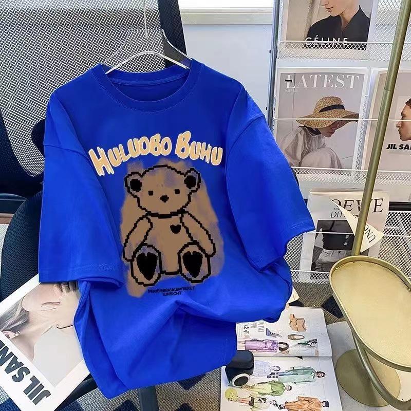 Women's Retro Little Bear Cotton T-Shirt - 2026 Summer Short Sleeve Loose Fit with Cartoon Print for Girls