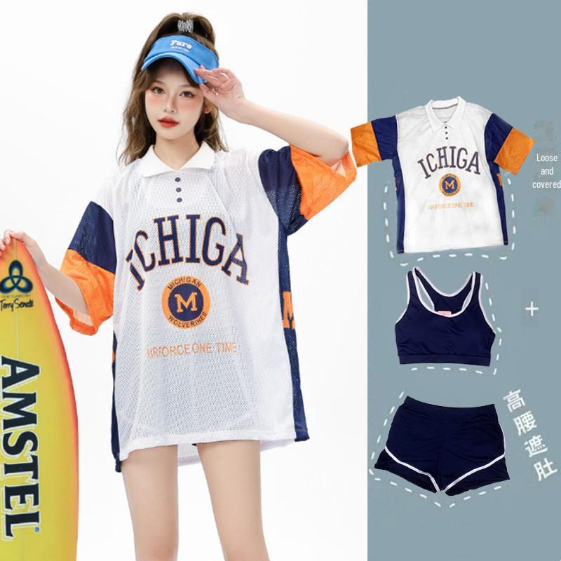 "College Style Long-Sleeve Three-Piece Korean Swimsuit - Conservative, Belly-Covering, Split Design for Female Students"