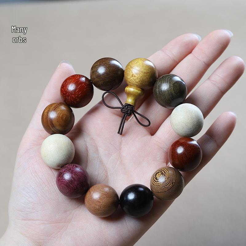 Men's Small-Leaf Red Sandalwood & Green Sandalwood Bracelet with Yellow Rosewood and Ebony Buddhist Beads 2.0".
