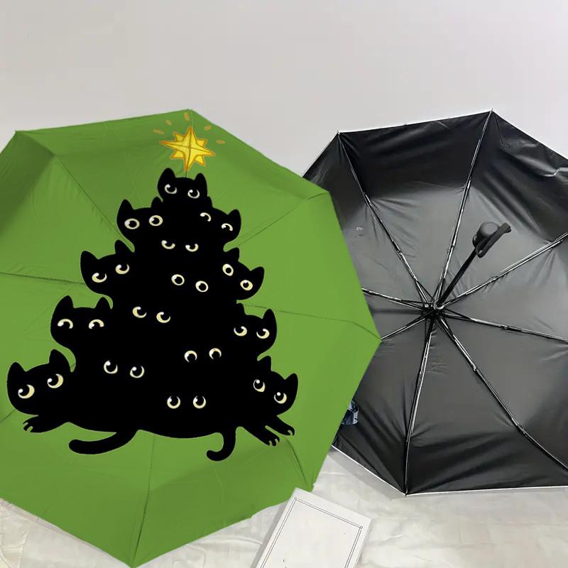Black Cat Christmas Tree Umbrella: A Unique, Festive Design for Outdoor Adventures - Auto-Open/Close, Lightweight & Durable