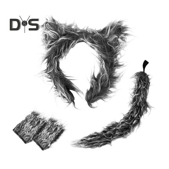 Wolf Ear Tail Set Realistic Design Plush Headband Gloves Tail Set Halloween Parties Role-Playing Accessories
