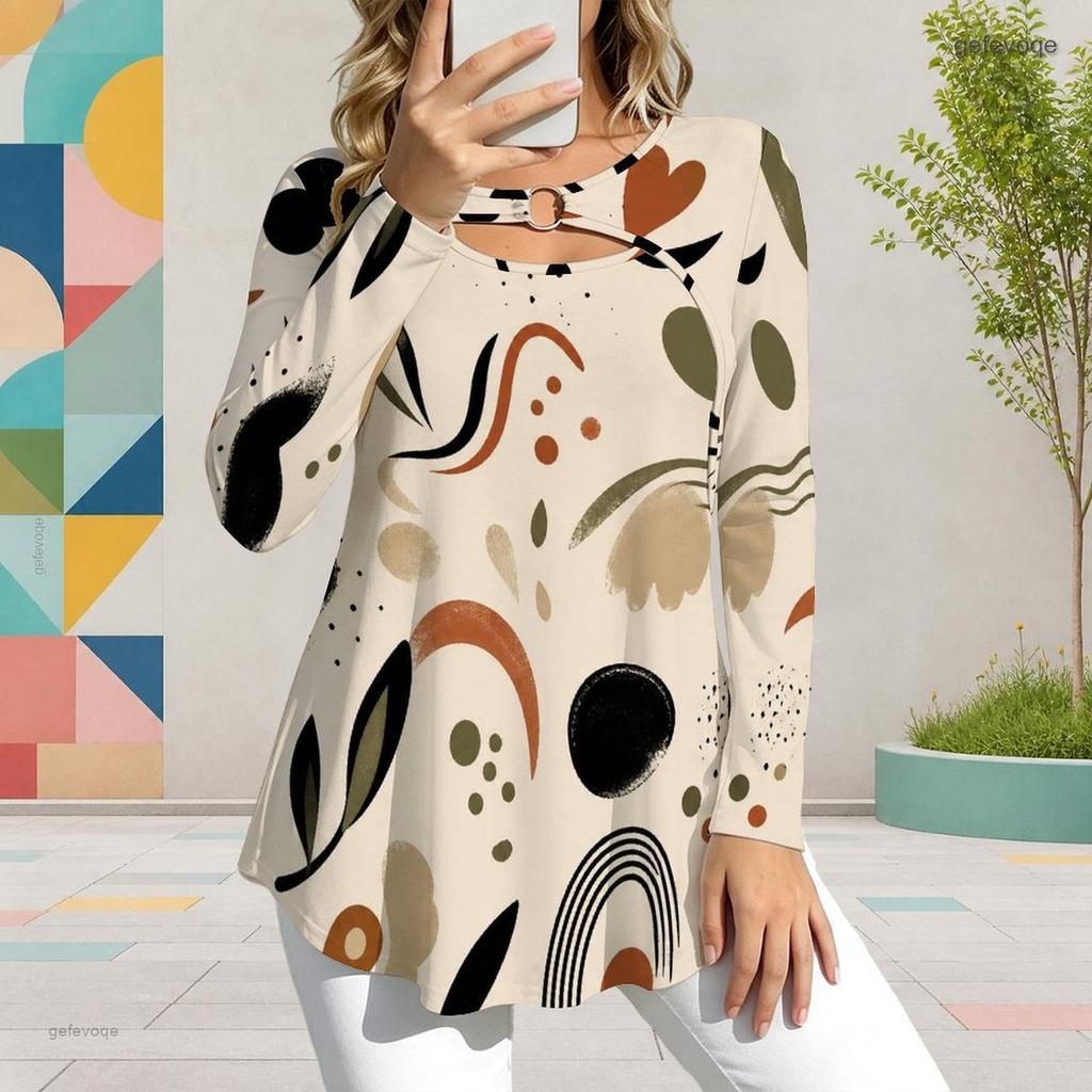 Women Plus Size Keyhole Ring Neck Long Sleeve Geometric Printed Flared Hem T Shirt