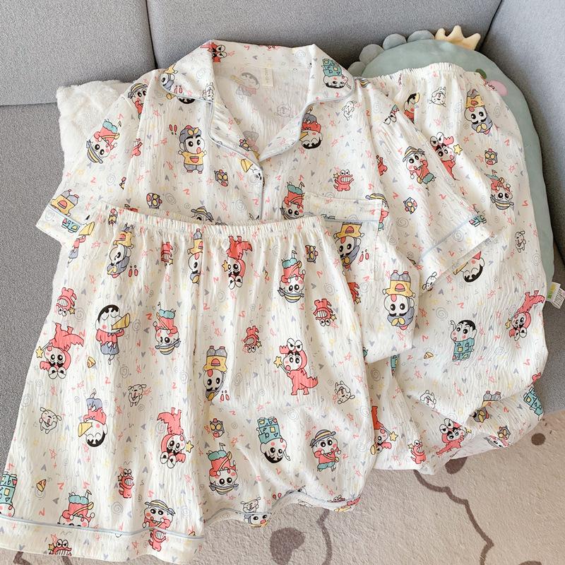 Blue Bear Women's Summer Cotton Pajama Set - Short-Sleeved, Cute Cartoon Design, Three-Piece Loungewear.