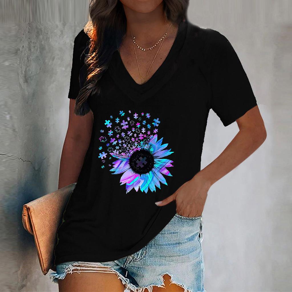 Women's T-shirt V-neck I Sunflower Print Pullover Casual Short-sleeved Top