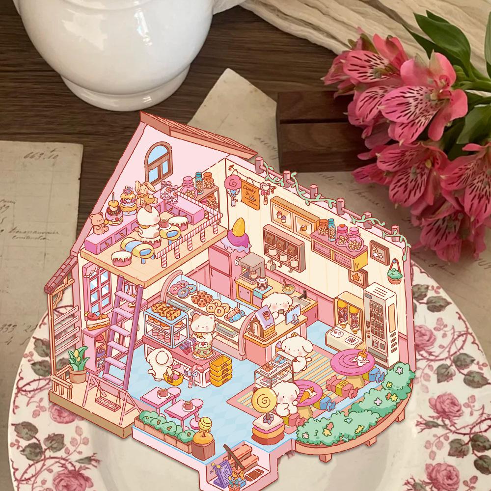 Cartoon Landscape Stickers Miniature World Small Creative 3D Cabin Decompression DIY Scene Home Interaction PET Stickers