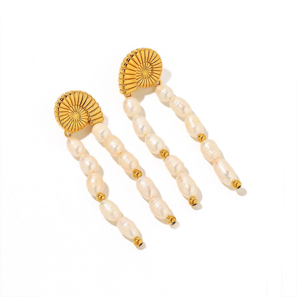 Yingtai European-American Ocean Style Titanium Steel Earrings with Imitation Pearls, Fine Polish, Vacuum-Plated 18k Gold