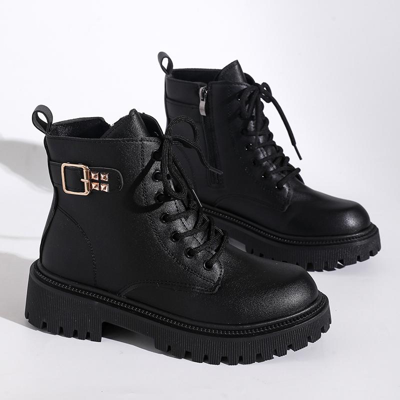 Fashion Black PU Leather Ankle Boots for Women 2025 Autumn Winter Warm Short Plush Booties Woman Fashion Buckle Platform Combat Boots