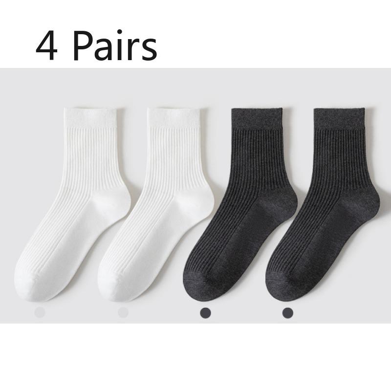 4 Pairs of Men's Spring and Summer Mid-calf Socks, Vertical Anti-pilling Breathable Cotton Socks, Deodorizing and Sweat-absorbing Long Calf Socks