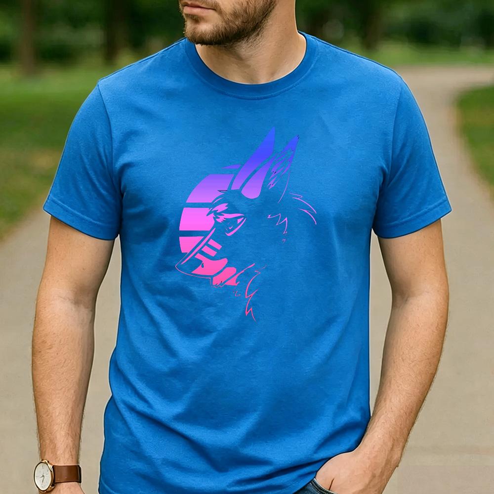 Vaporwave Gradient Wolf Head Sunset Circle Graphic T Shirt Unisex Crew Neck Short Sleeve Wildlife Fan Holiday Gift Top