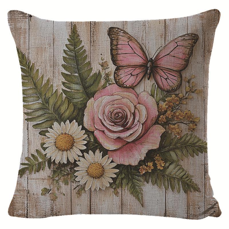 Spring Pink Flower Linen Printed Pillowcase, Nordic Festival Decoration, Simple Living Room Cushion