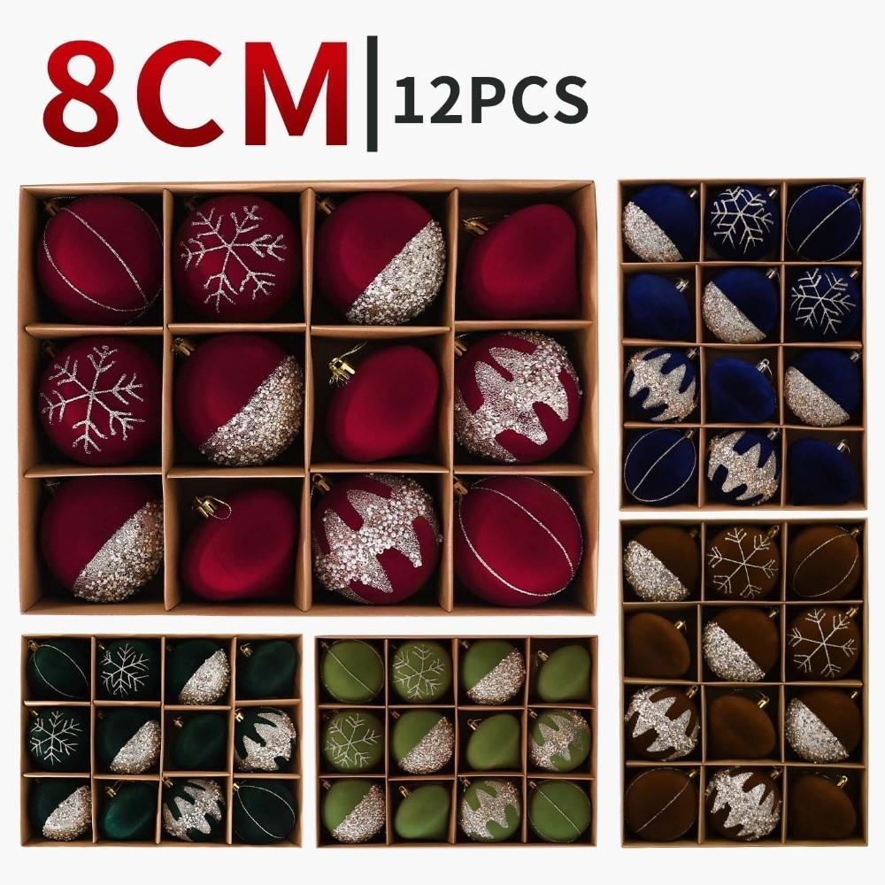 12Pcs Glitter Christmas Baubles Ornament Plastic Flocked Ball Gift Box New Year