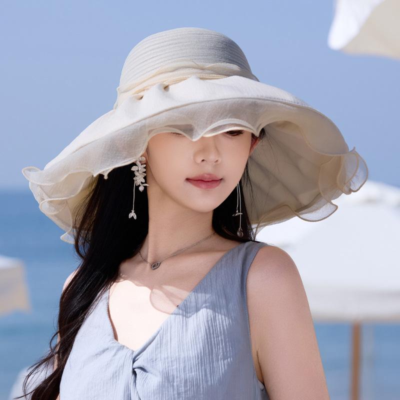 Spring and summer tourist attractions hat women's big brim lace sunscreen hat sweet and cute bucket hat breathable sun hat