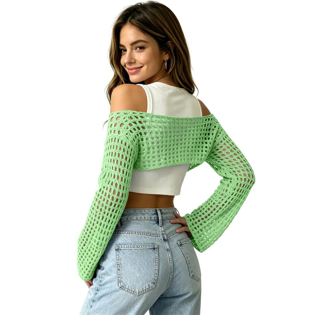 Women's Sunscreen Hollow Long Sleeve Backless Bikini Beach Dress Knit Sweater Cover-Up
