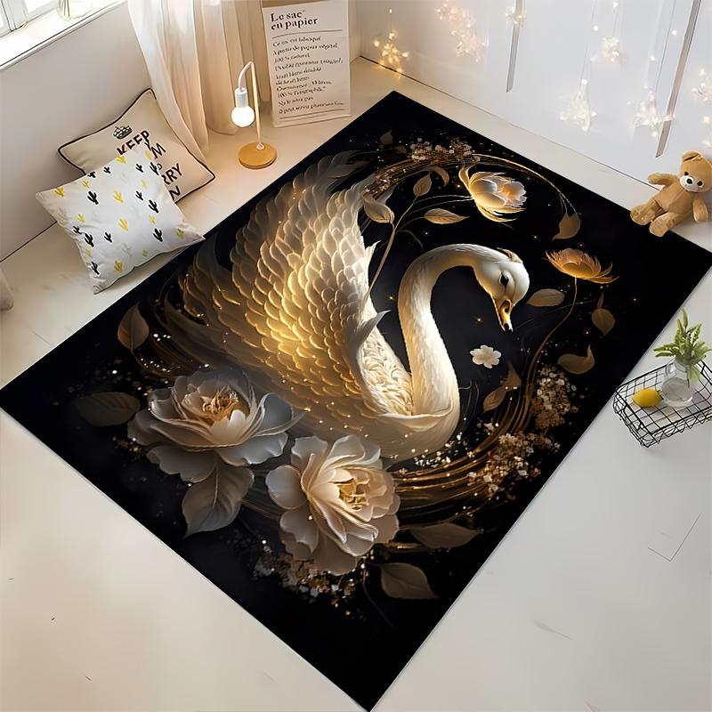 Elegant Swan and Floral Design Carpet with Golden Accent Pattern Suitable for use as an anti-slip for living room bedroom sofas