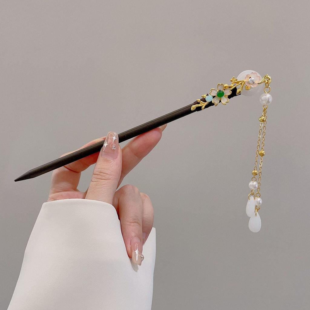 High-End Chinese Wooden Hairpin with Tassels – Ancient Style Ebony Faux for Women