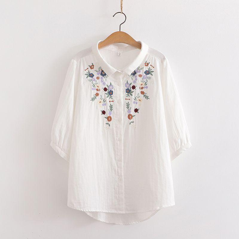 Retro Artsy Ethnic Style Embroider Flower Pure Cotton Shirt 2024 Spring New Arrival Loose All-Matching Top Women