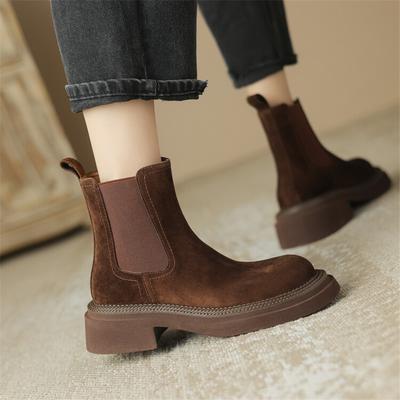 Mode Nya Vinter Får Mocka Damstövlar Rund Tå Tjock Klack Chelsea Boots för Kvinnor Plattforms Korta Stövlar Damskor Zapatos Mujer