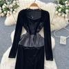 Herbst Winter Damen Vintage Hepburn Stil Perlenstickerei Schwarzer Samt Büroarbeit Slim Bodycon Bleistiftkleider