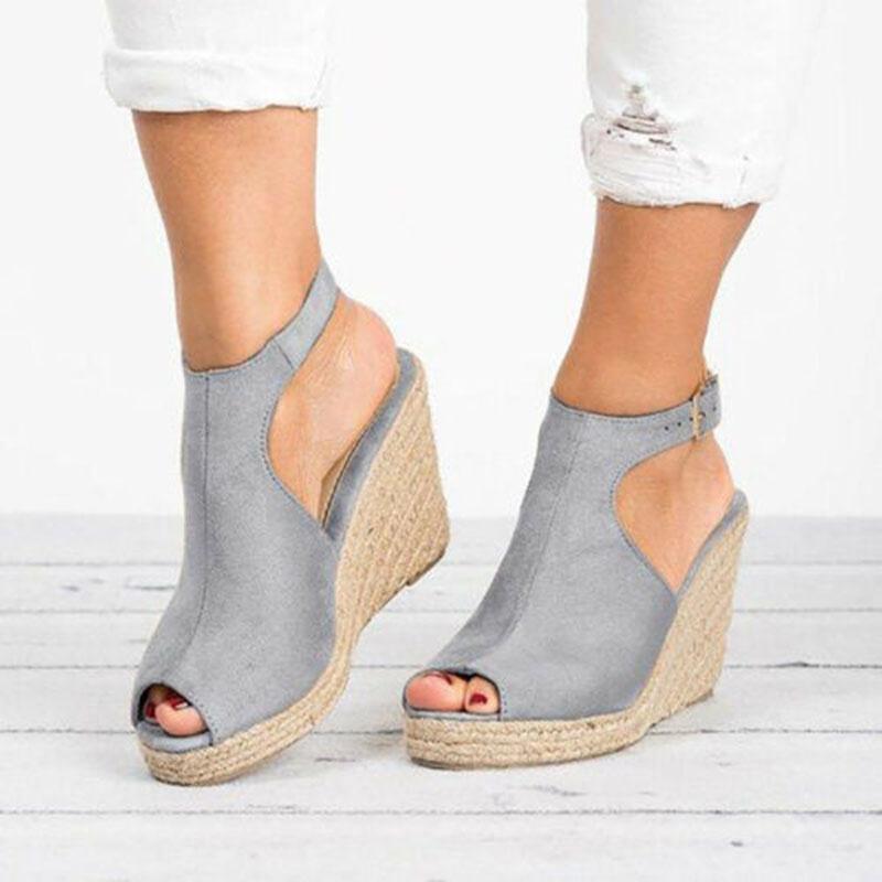 Elegant Women's Sandals Casual Wedges Heel Straw Platform Peep Toe Ladies Buckle Shoes