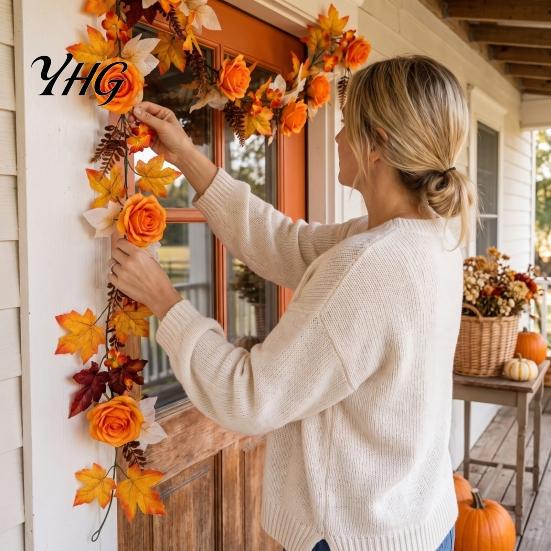 Window Display Props 180cm Artificial Vine Hanging Door Wreath with Pumpkins Berries Maple Leaves, Halloween Home Decor Garland for Autumn Harvest