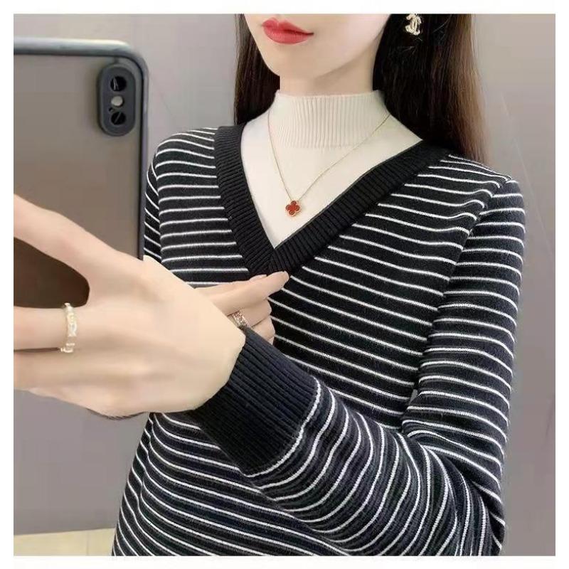 Half-turtle Collar Velvet Sweater for Women Stylish Striped Fake Two-piece Winter Velvet Thickened Versatile Bottoming Shirt