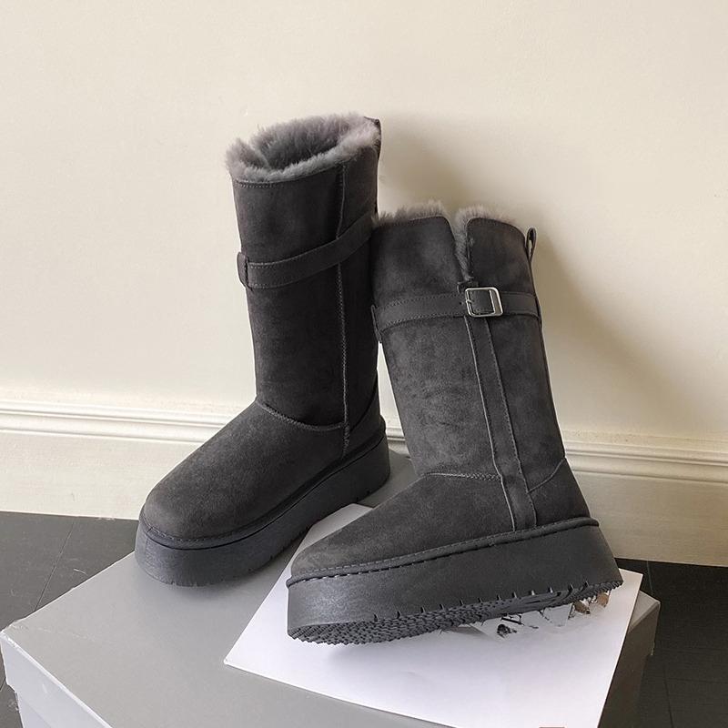Mittelhohe Schneestiefel Winter Neu Runde Spitze Wildleder Ärmel Gürtelschnalle Plateau Rutschfest Verschleißfest Baumwollschuhe