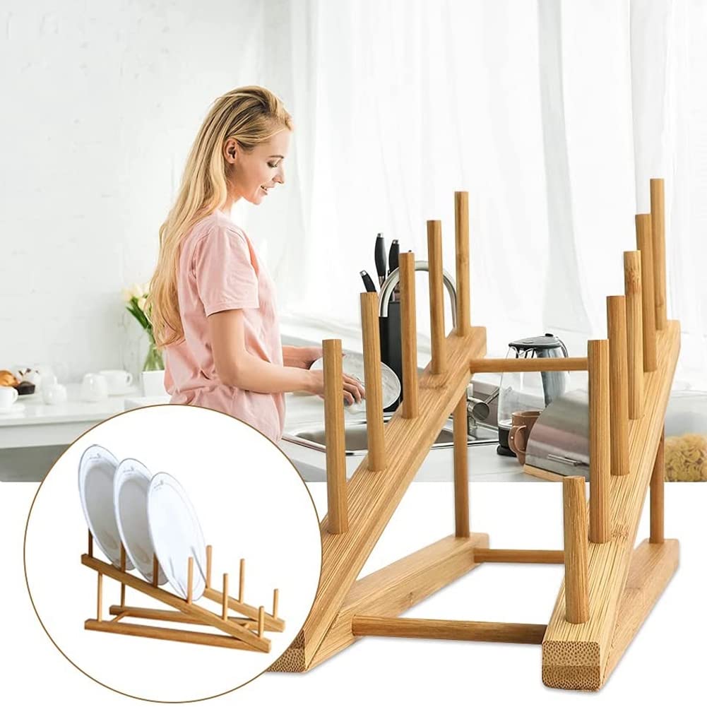Haskoss 2-Piece Wooden Dish Rack, Bamboo Plate Rack Stand with Pot Lid Holder, Dish Drying Rack for Kitchen Cabinet Organizer