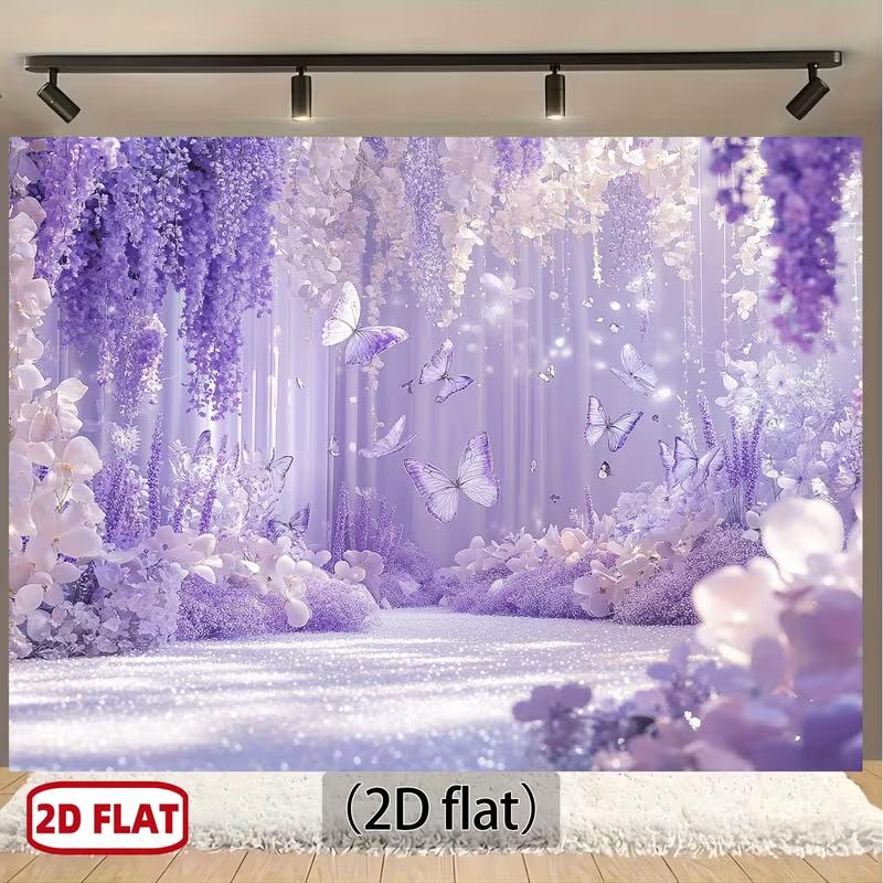 2D Lavender Floral and Butterfly Themed Backdrop Photo Background Banner