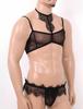 Mens Sissy See Through Sheer Mesh Lace Trim Lingerie Set Bra Top and Open Butt Brief Thong
