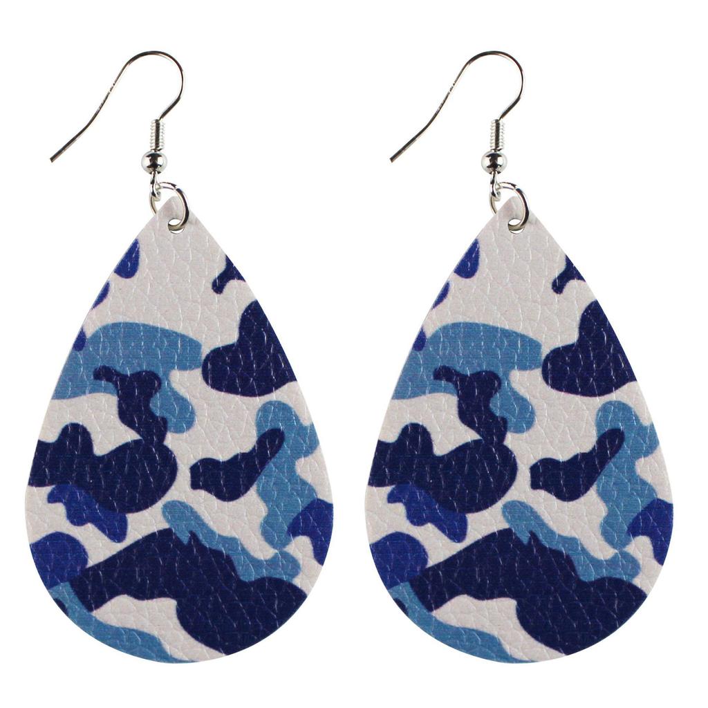 Army Green Camouflage Pu Leather Earrings Water Drop Shape Double-Sided Printing For