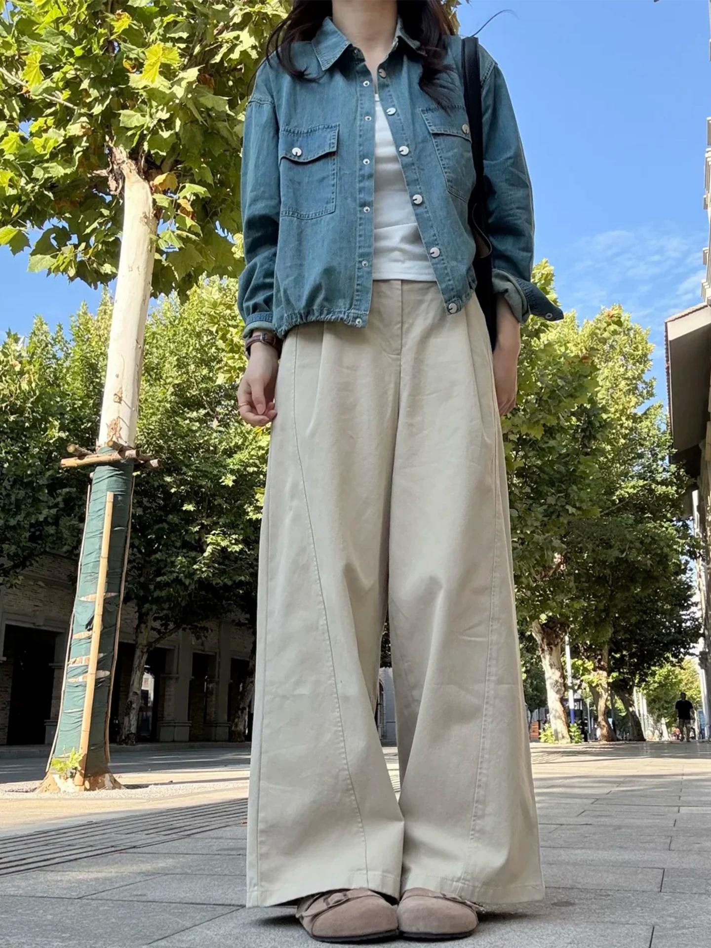 

Khaki Wide-Leg Casual Pants for Women, Early Spring New Style, High-Waisted Loose Fit, Slimming for Pear-Shaped Body, Workwear Pants S легкие хаки